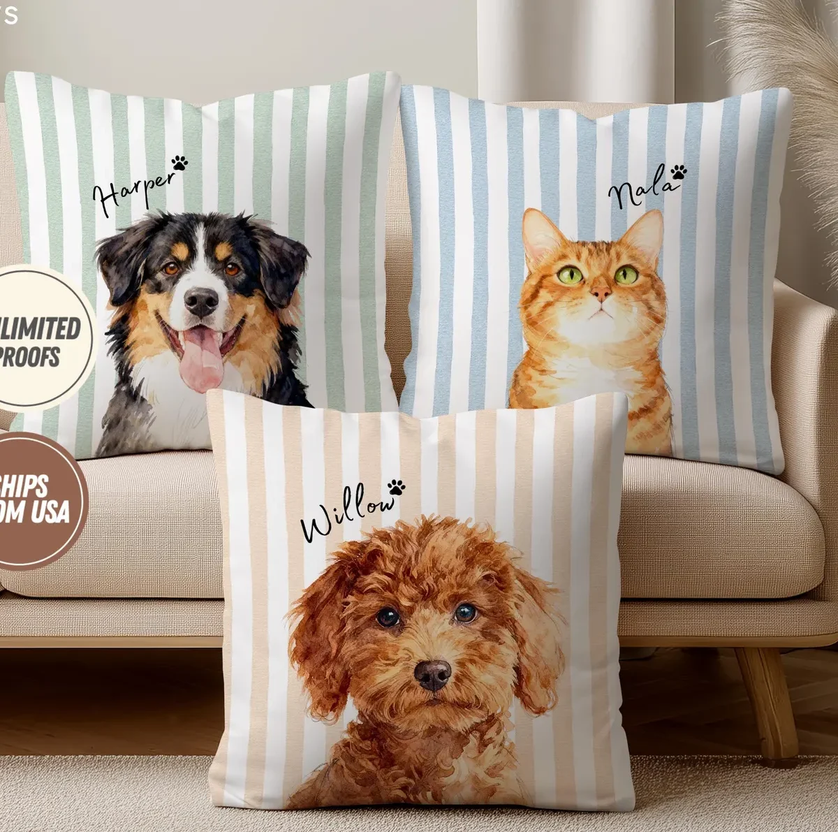 Personalized striped pet pillow with pet photo