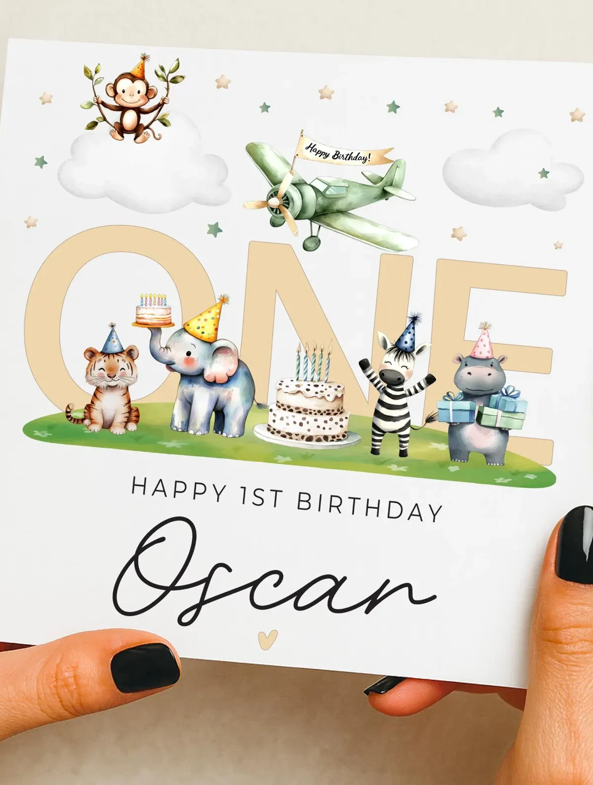Animal-themed 1st birthday card for a boy
