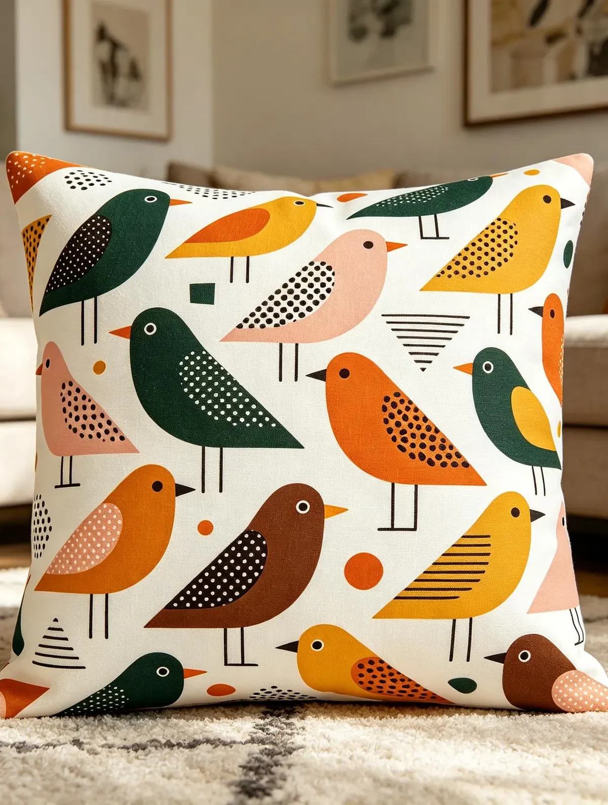 Mid-century modern colorful bird cushion cover