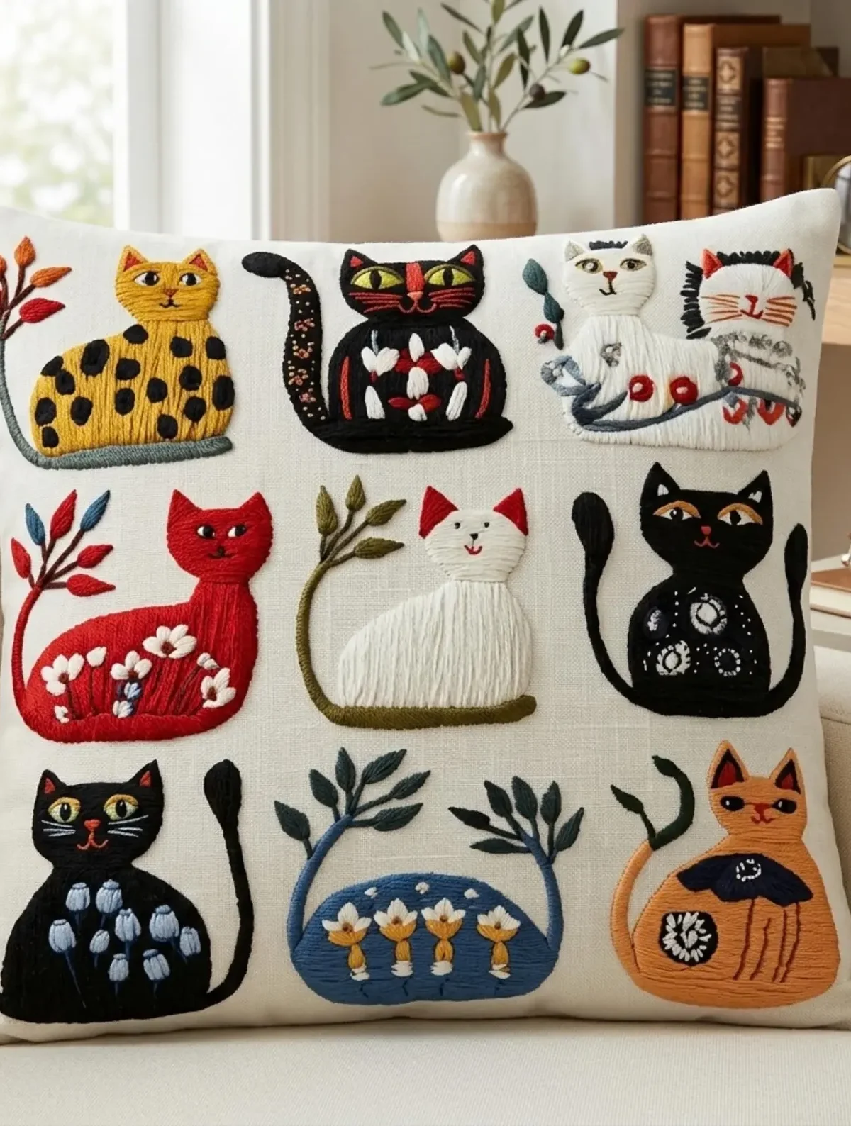Folk art cat cushion cover, colorful bohemian